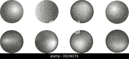 Grain noise vintage round forms set. Grunge dotwork gradient circles. Black geometric shapes of dots texture. Circular sand diffuse effect callouts. V Stock Vector