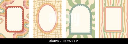 Oval, rectangle and arch scallop groovy frames banners template set. Wavy edges geometric doodles. Wave borders on distressed lines and grid backgroun Stock Vector