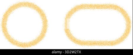 Yellow glitter ellipse and circle frames set. Stardust Christmas confetti borders. Golden glitter thin oval and round text boxes. Party shimmering geo Stock Vector