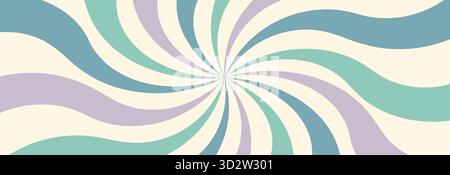 Groovy twisted cool colors starburst background. Retro spiral sun rays abstract illustration. Vector wavy dynamic lines decoration. Radial carnival st Stock Vector