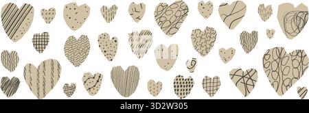 Doodle heart cutout collection for paper and scrapbook art. Collage beige pieces crayon lines textured set. Heart stickers icons. Paper cut out kind a Stock Vector