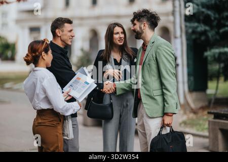 Business colleagues shake hands outdoors after a meeting, exchanging documents and smiles. Stock Photo