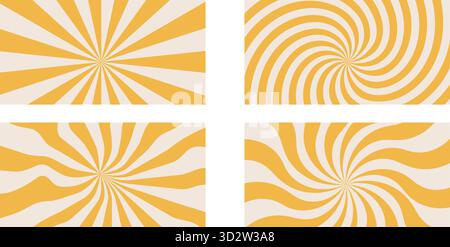 Groovy swirl starburst backgrounds set. Retro spiral yellow sun rays abstract collection of illustrations. Vector radial carnival stripes vintage back Stock Vector