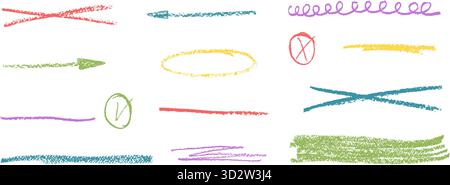 Multi colors underline crayons elements. Line vivid graphite pencil brush stroke textured. Wax chalk strikethrough marks set. Hand pen drawn highlight Stock Vector