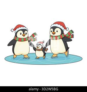 Cute Penguin Family Ice Skating Winter Vector Illustration for Kids Stock Vector
