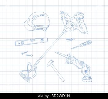 Construction tools composition hard hat, building level, mortar mixer, hammer, screwdriver, reciprocating saw, screw drawing in graphic style on light Stock Vector
