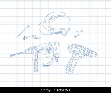 Powerful rotary hammer and regular drill set drawing in graphic style on light background Stock Vector
