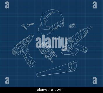 Powerful rotary hammer and regular drill set drawing in graphic style on blue background Stock Vector