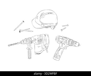 Powerful rotary hammer and regular drill set drawing in graphic style on white background Stock Vector