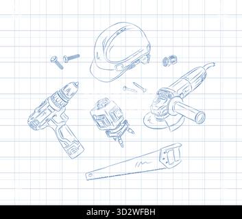 Powerful rotary hammer and regular drill set drawing in graphic style on light background Stock Vector