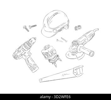Powerful rotary hammer and regular drill set drawing in graphic style on white background Stock Vector