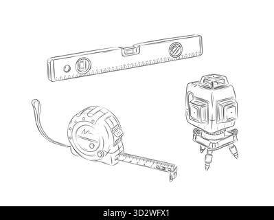 Measurable tools set roulette construction and laser level drawing in graphic style on white background Stock Vector