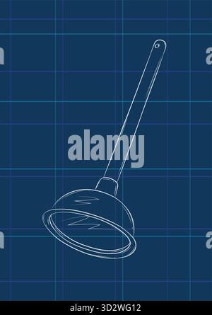 Plunger hand drawn doodle. Clearing clogged pipes at home. Drawing in graphic style on blue background Stock Vector
