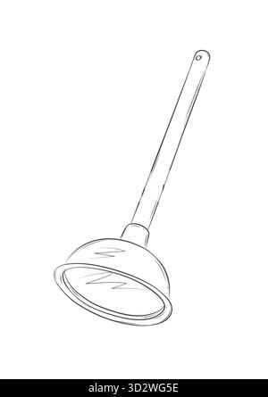 Plunger hand drawn doodle. Clearing clogged pipes at home. Drawing in graphic style on white background Stock Vector