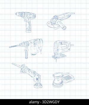 Power construction tools set drill, angle grinder, hammer drill, jigsaw, reciprocating saw, sander drawing in graphic style on light background Stock Vector