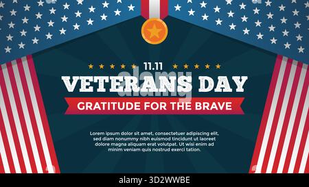 Patriotic Veterans Day background with flag curtains featuring stripes, medal, and stars perfect military themed design, and holiday promotions. Stock Vector