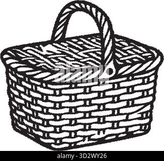 A low oval wicker basket shows tight weaving and a gently arched grip for carrying goods Stock Vector