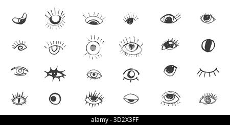 Eyes Crazy doodle black eyes. Open eye creative hand drawn human parts of faces elements, various opened eyes. Black ink vision icon, hand drawn grunge ophthalmologist symbol, drawn charcoal eyes. Vector illustration Stock Vector