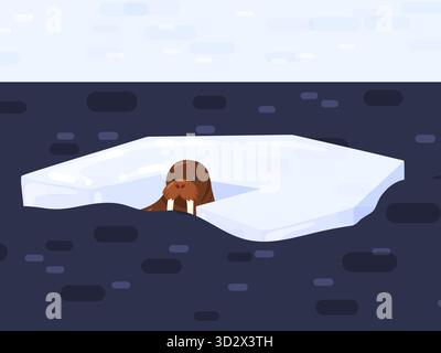 Cartoon illustration of a brown walrus with tusks partially submerged in dark blue ocean water next to an isolated ice floe. This arctic marine animal Stock Vector