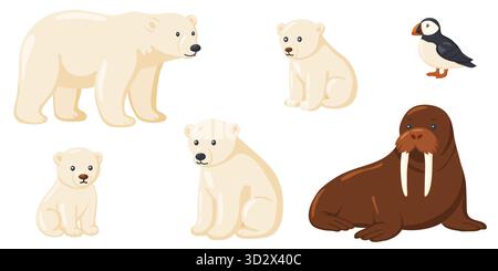 Cute cartoon illustration of various arctic animals including a polar bear with three cubs, a large walrus with tusks, and a small puffin. Perfect for Stock Vector