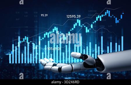 A futuristic robotic hand showcases dynamic financial charts and data analytics, representing advanced technology reshaping investment strategies and Stock Photo
