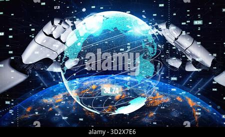 A striking image of robotic hands holding a digital Earth globe, representing the intersection of technology, data, and global connectivity in a moder Stock Photo