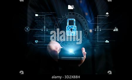 A conceptual image illustrating digital security with a person holding a smartphone. The graphic features a lock icon, symbolizing data protection and Stock Photo