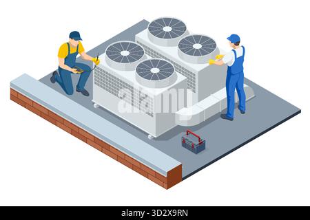 Isometric illustration of industrial HVAC system maintenance on rooftop with engineers checking air conditioners and ventilation units. Concept of Stock Vector
