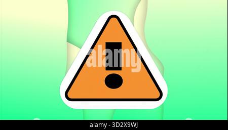 Displaying orange triangular warning sign glowing atop green gradient background, signaling caution Stock Photo