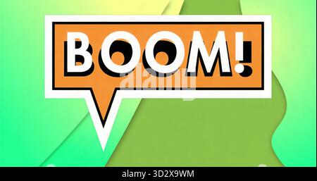 Displaying orange rectangular speech bubble reading BOOM! in illustration against green shapes Stock Photo