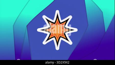 Displaying seven-pointed burst with orange core and white border glowing on teal-to-purple backdrop Stock Photo