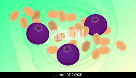 Floating three purple berries swirling among beige cereal grains in abstract green gradient layers Stock Photo