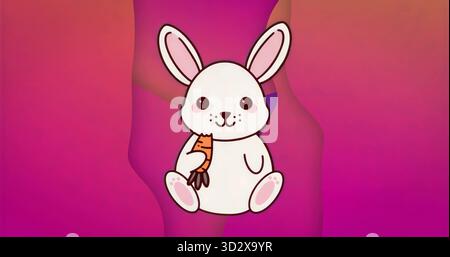 Sitting cartoon rabbit holding orange carrot with green leaves on gradient backdrop in pink orange Stock Photo