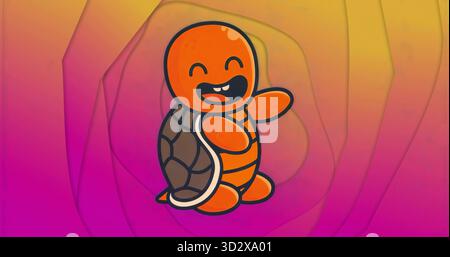 Cheerful orange cartoon turtle waving on layered gradient backdrop, with toothy grin Stock Photo