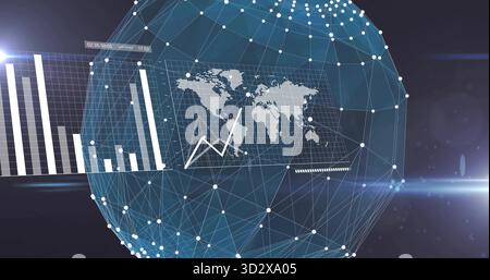 Displaying network sphere with connections, map, line and bar charts and lens flares in control hub Stock Photo