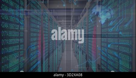 Blinking server racks lining secure data center corridor, with LED lights, floating data overlays Stock Photo