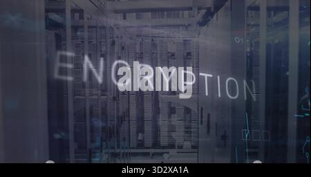 Displaying server racks running inside data center with circuit boards and floating encryption text Stock Photo