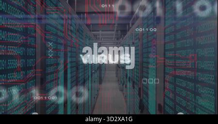 Floating white VIRUS text overlay hovering across data center corridor, with server racks Stock Photo