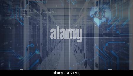 Displaying data center aisle stretching, highlighting server racks, code snippets and globe graphic Stock Photo