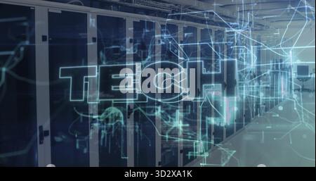 Standing row of server cabinets showing LEDs and cables in data center, glowing TECH overlay Stock Photo