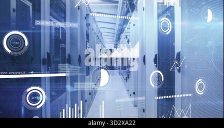 Displaying high-tech data center rack corridor glowing with LED lights, showing holographic metrics Stock Photo