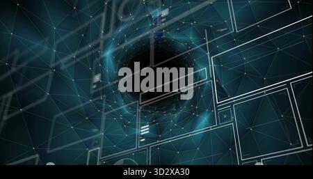 Floating void forming mesh network tunnel in virtual space, showing wireframe panels, glowing nodes Stock Photo