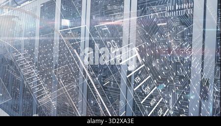 Displaying server rack cabinets glowing with LED lights in data center room, with digital overlays Stock Photo