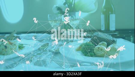 Floating currency network hovering above jet cabin dining table, with gourmet plates and cutlery Stock Photo