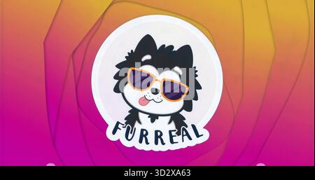 Displaying dog wearing sunglasses and sticking tongue out in white circular sticker showing FURREAL Stock Photo