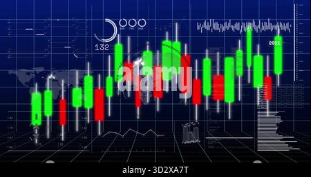 Displaying trading interface showing candlestick bars on grid lines, with white wicks and world map Stock Photo