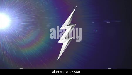 Floating white origami-style lightning bolt inside violet-blue gradient field, with lens flare Stock Photo