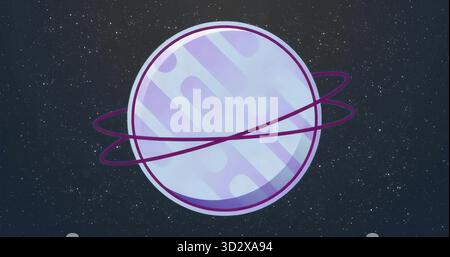 Floating pastel-colored planet showcasing geometric patterns in space, intertwined purple rings Stock Photo