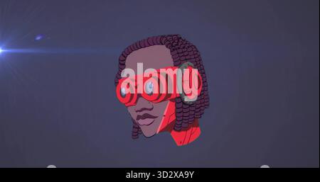Floating cybernetic human head hovering over dark gradient void, with red visor and neck plating Stock Photo