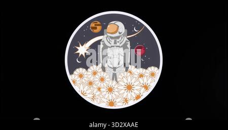 Standing astronaut exploring daisies under dark sky in circle frame, with orange-red planets, comet Stock Photo